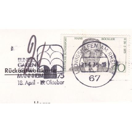 Ludwigshafen Postmark + slogan Germany 1975 Hans Bockler 40pf VGC