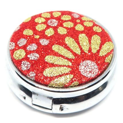 Yellow & Gold Flowers on a Red Glitter Background 1.5 CM Pill Box Gift Storage