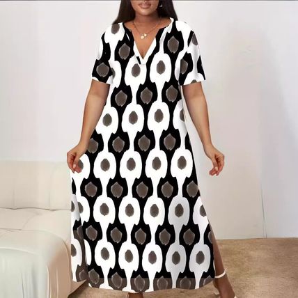 Short Sleeve Printed Sundress Beach Maxi Dresses Plus Size Womens Summer V-Neck