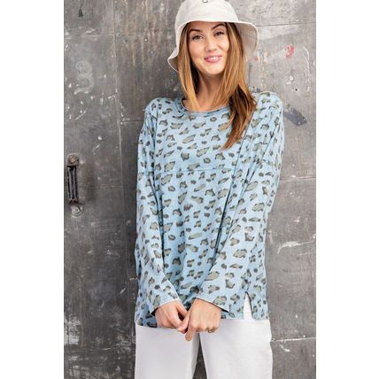 Women's Leopard Printed Garment Dye Loose Fit Knit Top