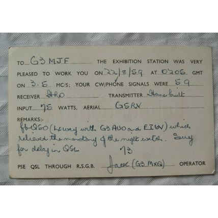 1959 QSL Card GB3SRA, Friern Barnet Summer Show, Exhibition Station