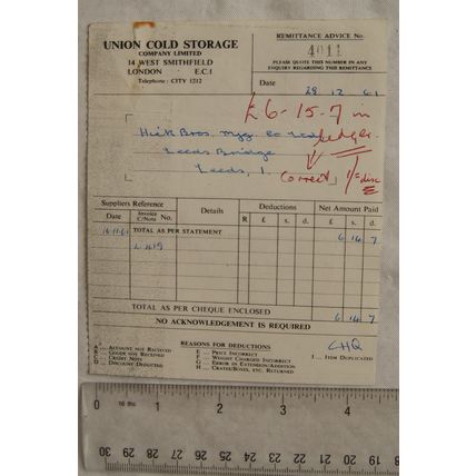 1961 remittance advice note Union Cold Storage, London