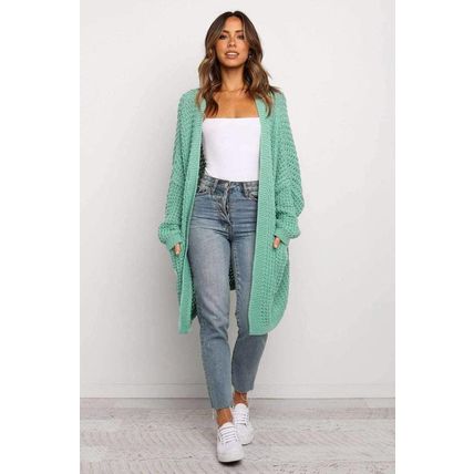 Green Long Line Open Front Knitted Cardigan with Pockets