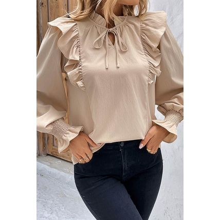 Khaki Ruffled Lace up Bubble Sleeve Blouse