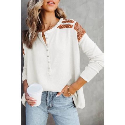 White Contrast Crochet Lace Henley Top