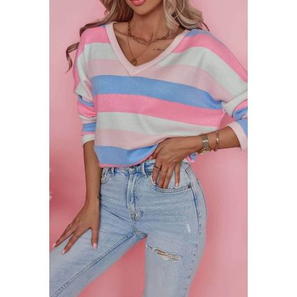 Pink Contrast Striped V Neck Long Sleeve Top