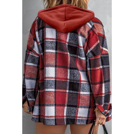 Red Printed Plus Size Plaid Button up Hooded Jacket