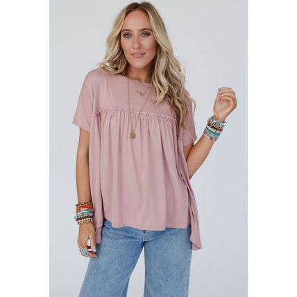 Light Pink Ruffled Trim Loose Babydoll Tee