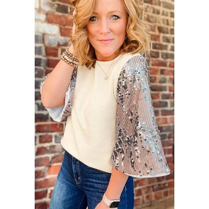 White Sequined Bell Sleeve Round Neck Blouse