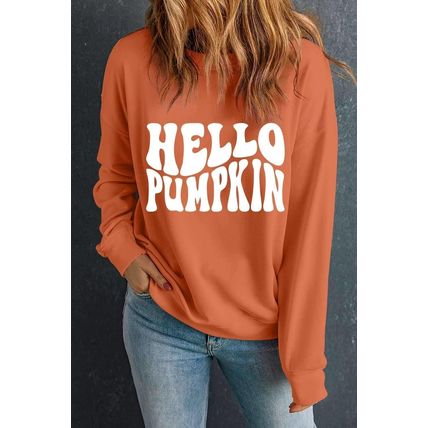 Orange Hello Pumpkin Graphic Drop Shoulder Halloween Sweatshirt