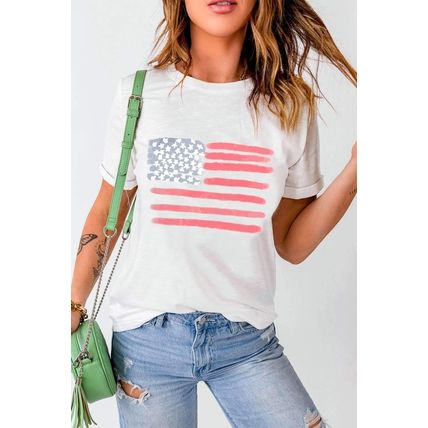 White American Flag Pattern Crew Neck Short Sleeve Tee