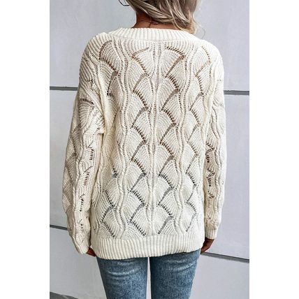 Beige Hollow Out Knit V Neck Drop Shoulder Sweater