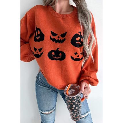 Orange Halloween Pumpkin Face Pattern Drop Shoulder Sweater