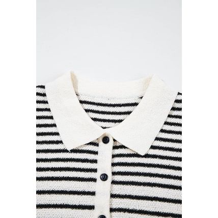 Black Mixed Striped Print Half Placket Collared Cap Sleeve Bodycon Sweater Dress
