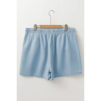 Beau Blue Washed Chambray Drawstring Elastic Waist Plus Size Shorts
