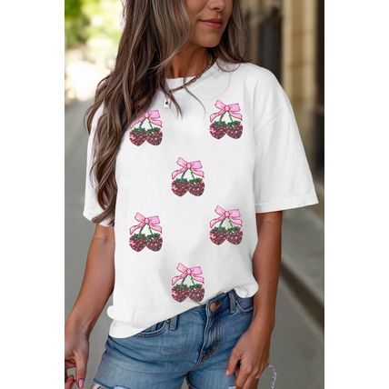White Sequin Bow Strawberry Graphic Crew Neck T Shirt