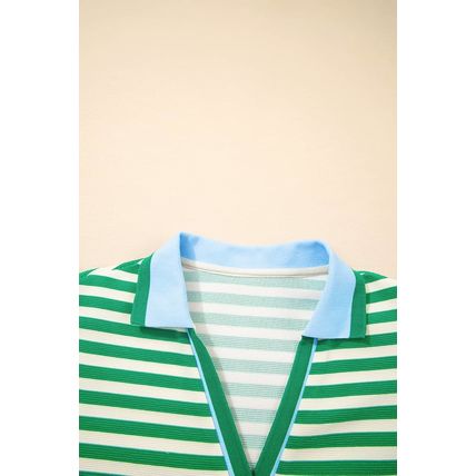 Green Stripe Print Contrast Collar Split Neck Flutter Sleeve Short Dress