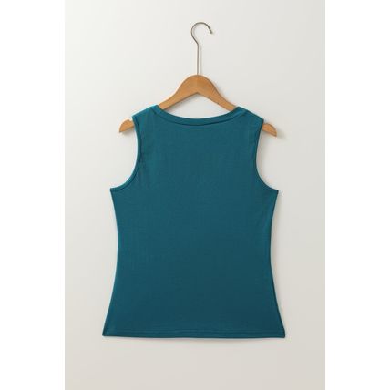 Blue Sapphire Solid Color Stitching Detail Round Neck Tank Top