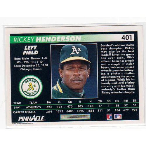 1992 Pinnacle Rickey Henderson baseball card #401 –HOF- Athletics