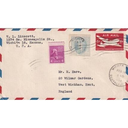 United States 1954 Wichita KAN-West Wickham UK Cover Wichita cancel typed VGC