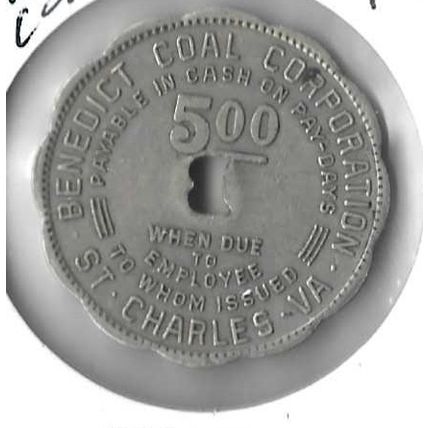 Bennedict Coal Co St. Charles VA. 5.00 cent Medal XF