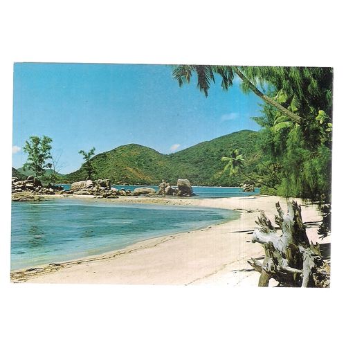 ANSE BOUDIN, PRASLIN ISLAND, SEYCHELLES used postcard. 1987 postmark =