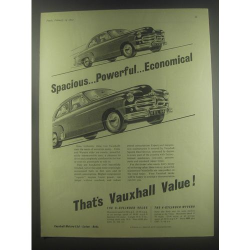 1954 Vauxhall Velox and Wyvern Cars Ad - Spacious.. Powerful.. Economical