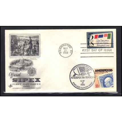 FDC Dual 2145 22c AMERIPEX '86 1311 5c SIPEX (Cachet-U/A) Box0265