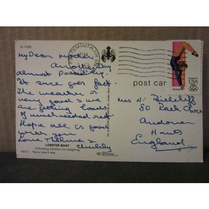 LOBSTER BOAT, MAINE, USA used postcard 1984 pm Olympic GYMNASTICS stamp =