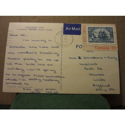 CENTENNIAL PARK, TRENTON, ONTARIO, CANADA used postcard 1982 pm =
