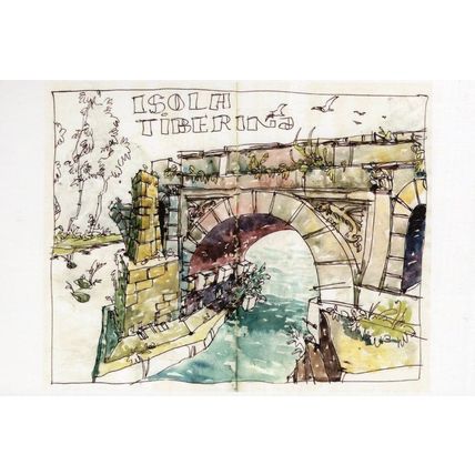Tiberina Island Rome Italy Bridge Italian Sketch Painting Postcard