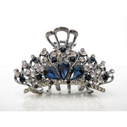 Medium blue or smoke gray crystal metal hair claw clip bridal clip