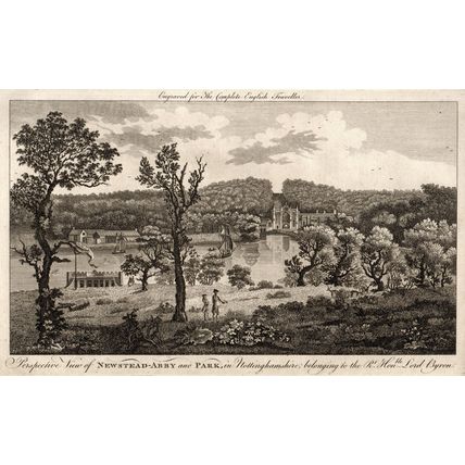 PERSPECTIVE VIEW OF NEWSTEAD-ABBY AND PARK 1771 Lord Byron ANTIQUE ENGRAVING