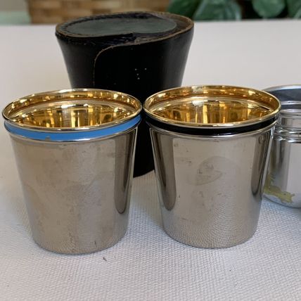 4 VINTAGE Metal German Nesting Shot Glasses Cups Set Black Leather Travel Case