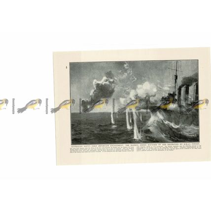 Australian Navy, Sydney Destroys Emden, WW1, Book Illustration (Print), 1915-18