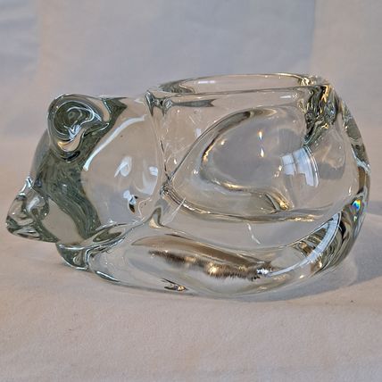 Indiana Glass Heavy 2 Clear CRYSTAL SLEEPING CAT Votive tea light Candle Holder