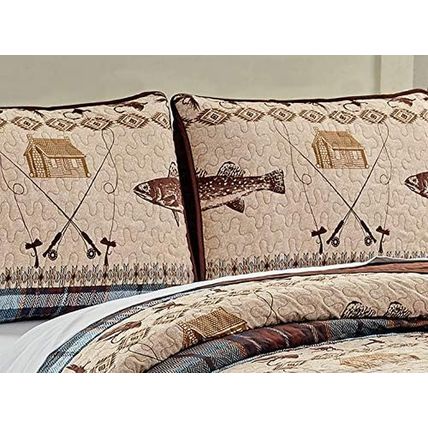 River Fly Fishing Themed Rustic Cabin Lodge Quilt Stitched Bedspread Bedding Set