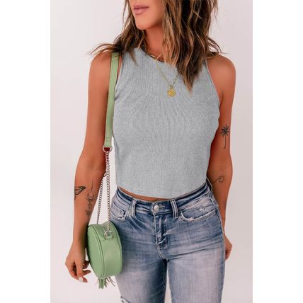 Gray Rib Knit Crew Neck Sleeveless Crop Top