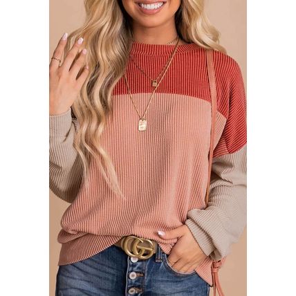 Red Color Block Long Sleeve Ribbed Loose Top