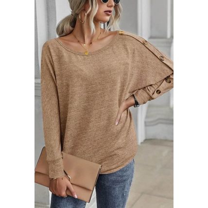 Khaki Solid Color Button Decor Dolman Sleeve Top