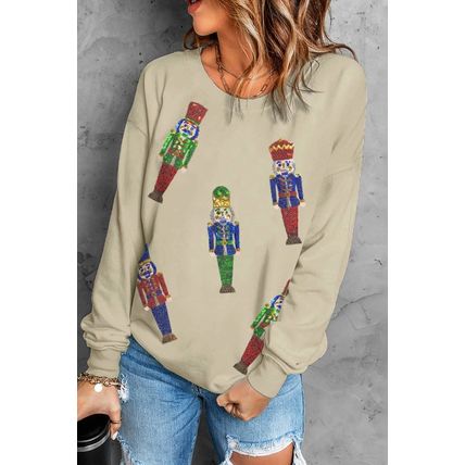Khaki Sequined Nutcracker Doll Casual Sweatshirt