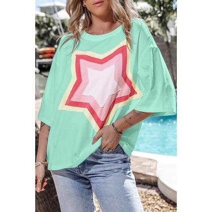 Moonlight Jade Colorblock Star Patched Half Sleeve Oversized Tee