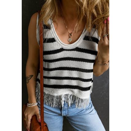 Beige Stripe Loose Knit Fringe Tank Top