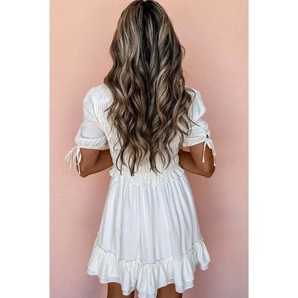 White Tie Short Sleeves Smocked Ruffle Mini Dress