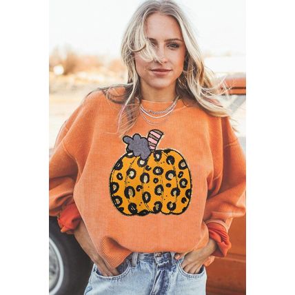 Orange Halloween Leopard Pumpkin Patchwork Ribbed Sweatshirt