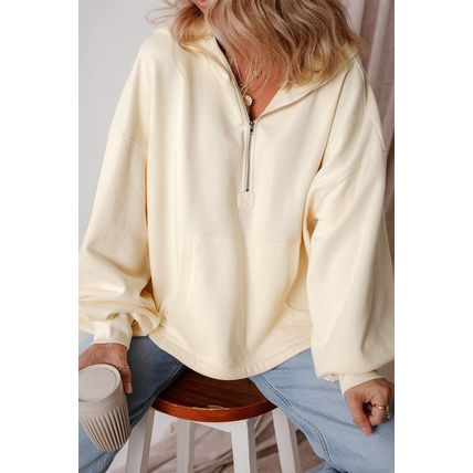 Beige Fleece Lined Half Zipper Kangaroo Pockets Loose Hoodie