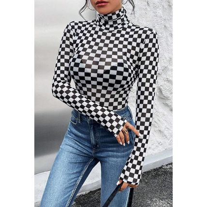 Black Checkered Printed Long Sleeve High Neck Bodysuit