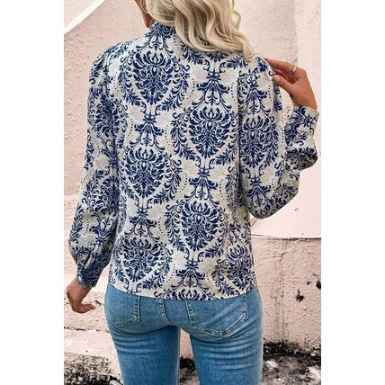 Sky Blue Tribal Pattern Print Notch Neck Buttoned Plus Size Shirt