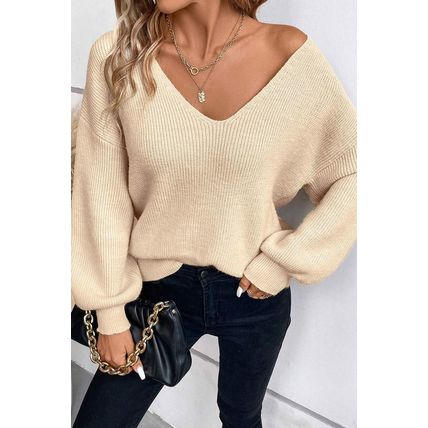 Apricot Lantern Sleeve V Neck Knot Back Sweater