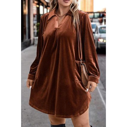 Coffee Plus Size V Neck Collared Pleated Back Rounded Hem Velvet Dress